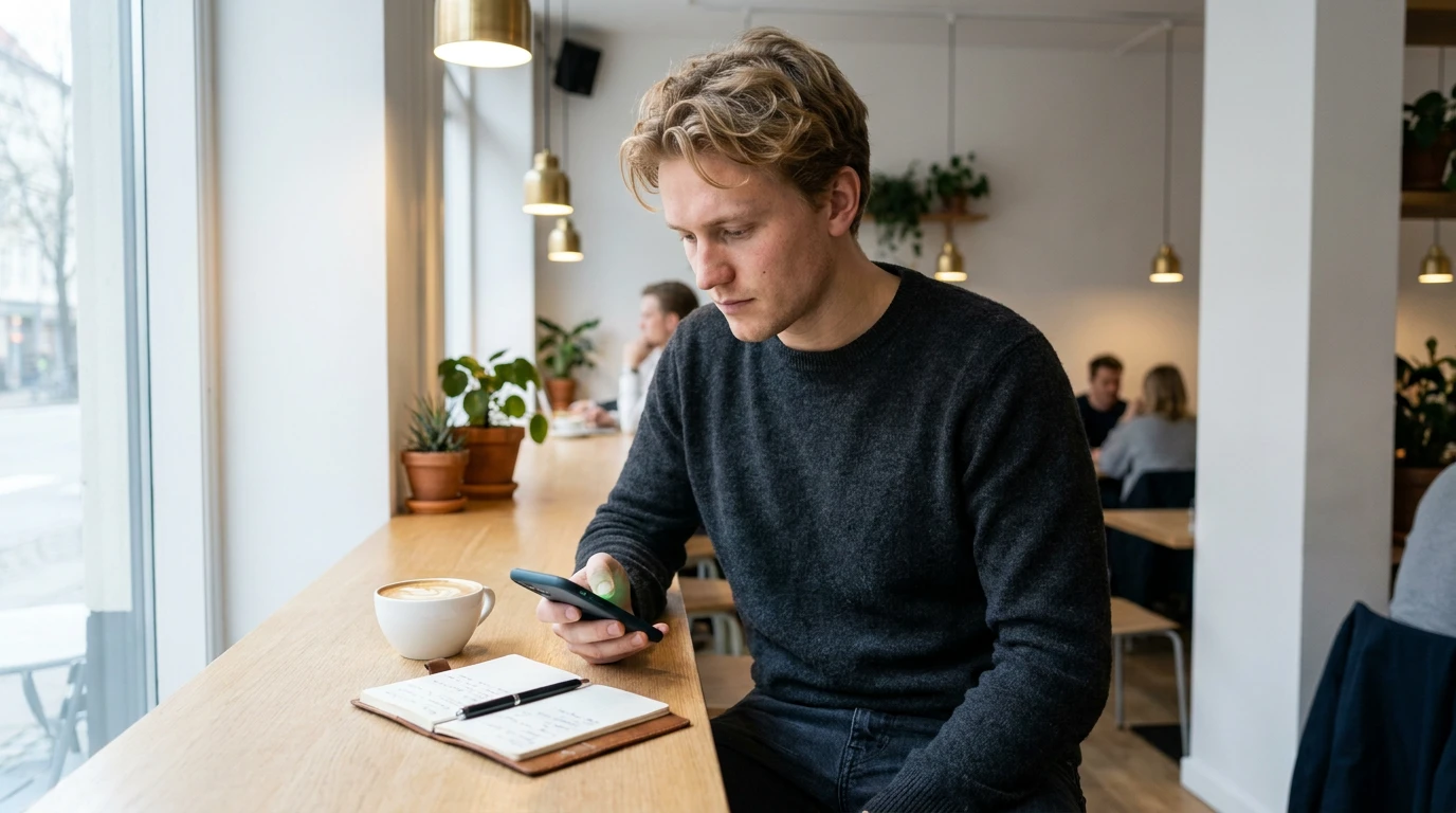 Mobilbetting i Danmark — ung mand placerer sportsvæddemål på smartphone fra en café i København