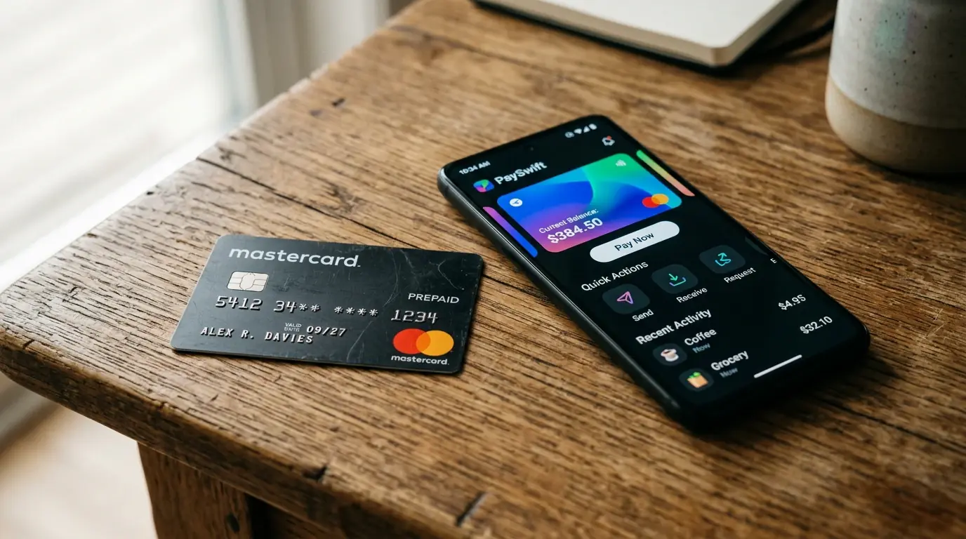 MuchBetter app og fysisk prepaid Mastercard side om side
