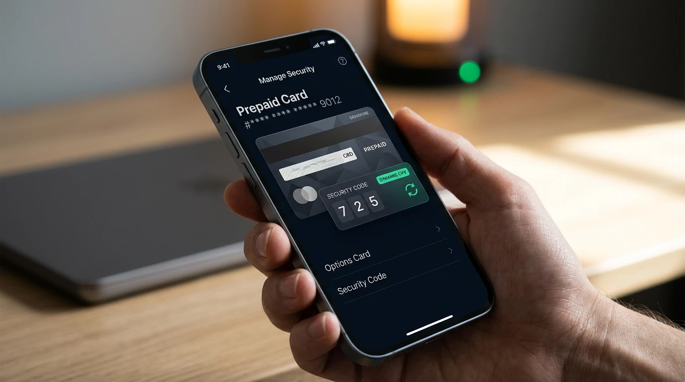 MuchBetter dynamic CVV-sikkerhed — smartphone viser roterende sikkerhedskode på prepaid Mastercard