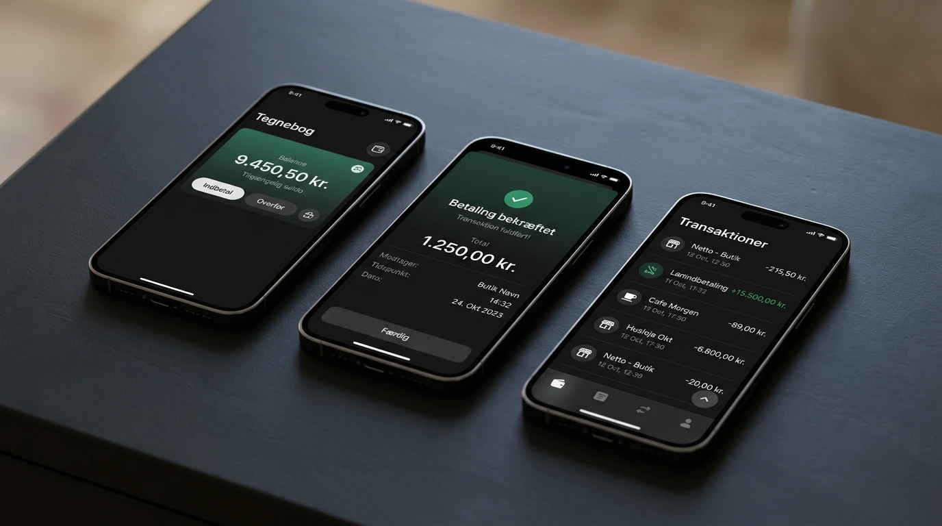 MuchBetter vs MobilePay og Skrill — tre smartphones side om side viser e-tegnebogs-apps til danske væddemål